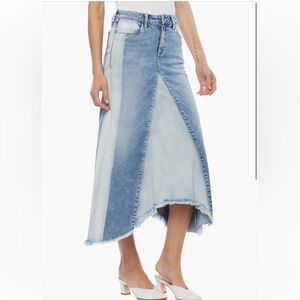 Wash Lab Denim Pieced Stretchy Raw Hem Asymmetrical Midi Skirt Size 34 Waist =18